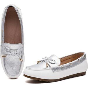 Women’s Silver White Polyurethane Comfortable Casual Slip On Loafer Flat Shoes